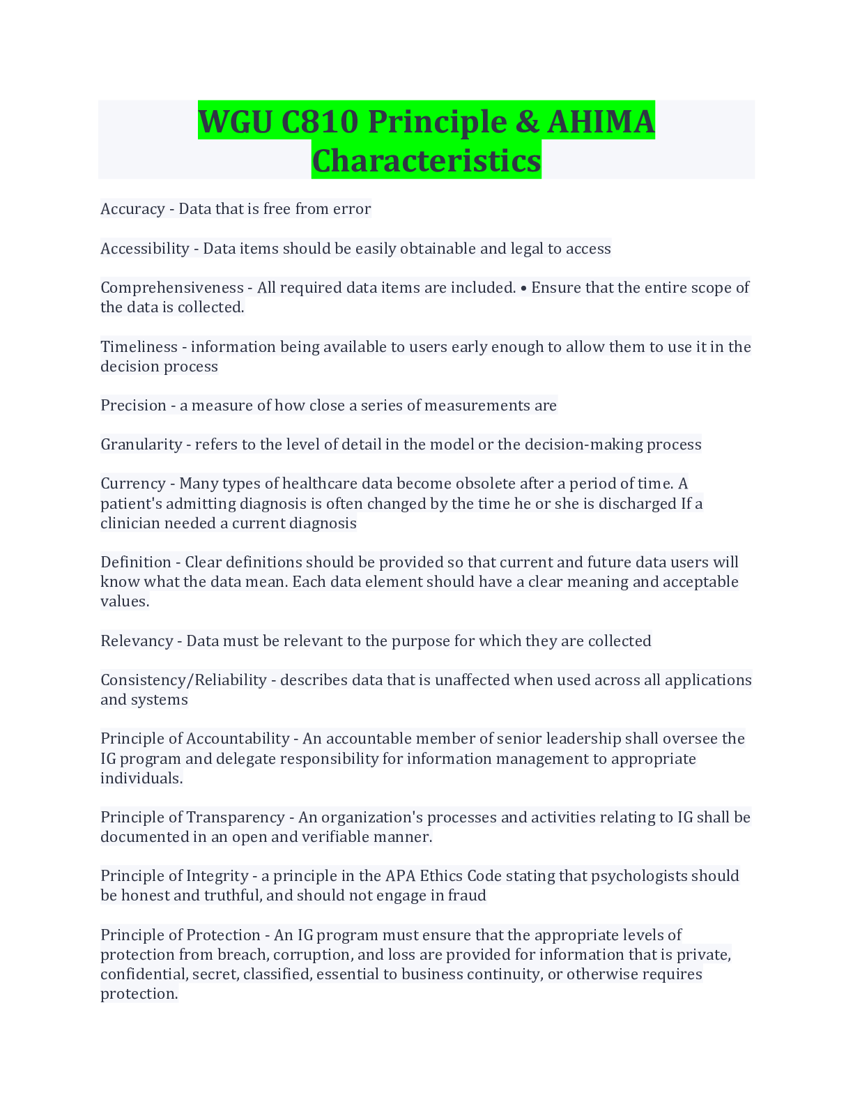 Preview image for WGU C810 Principle & AHIMA Characteristics/ Download